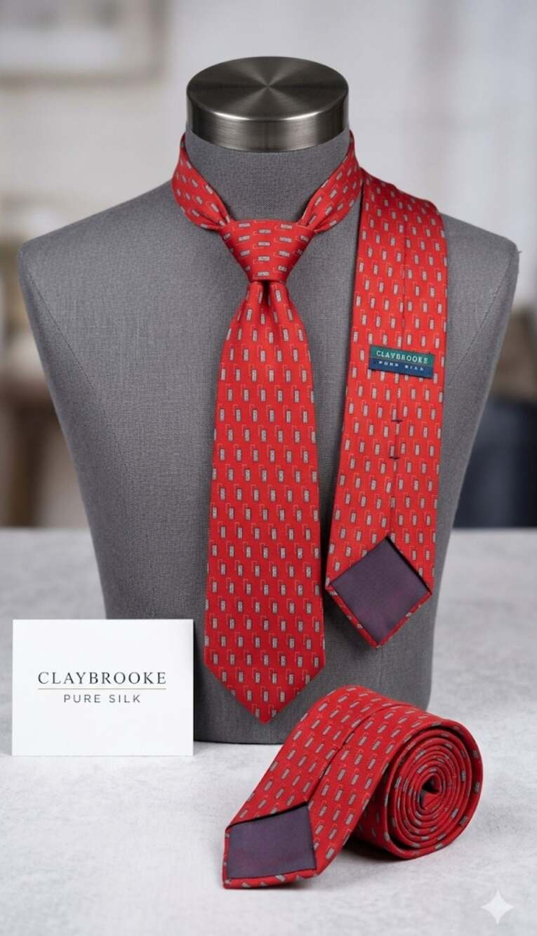 Claybrooke Men's Red Geometric Pattern Pure Silk Necktie